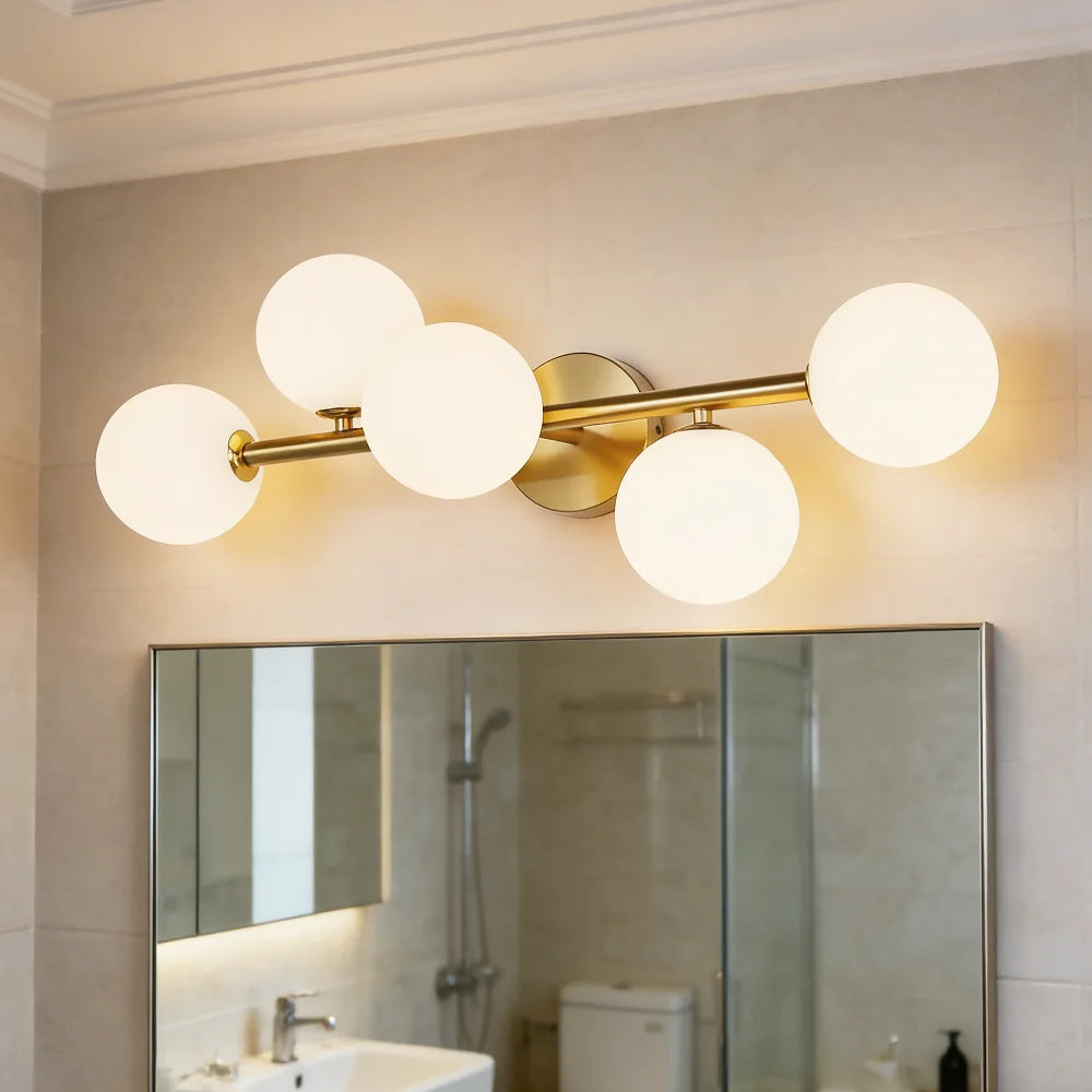 Mid-Century 5-Light Gold LED Bath Light Dimmable 3CCT with Milk Glass for Kitchen And Dining Indoor Wall Lamp