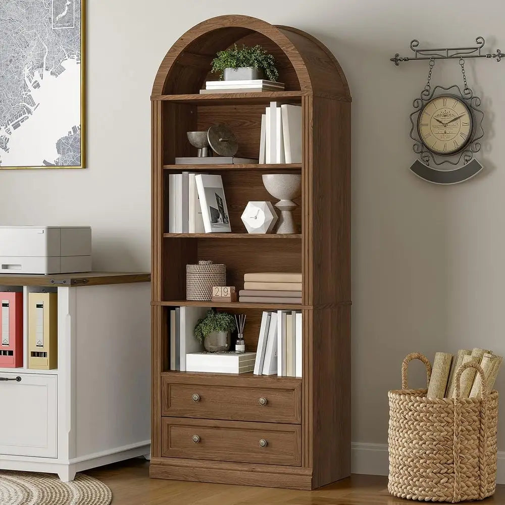 7-Tier Arched Bookshelf with Storage, Suitable for Home and Office, Walnut Finish