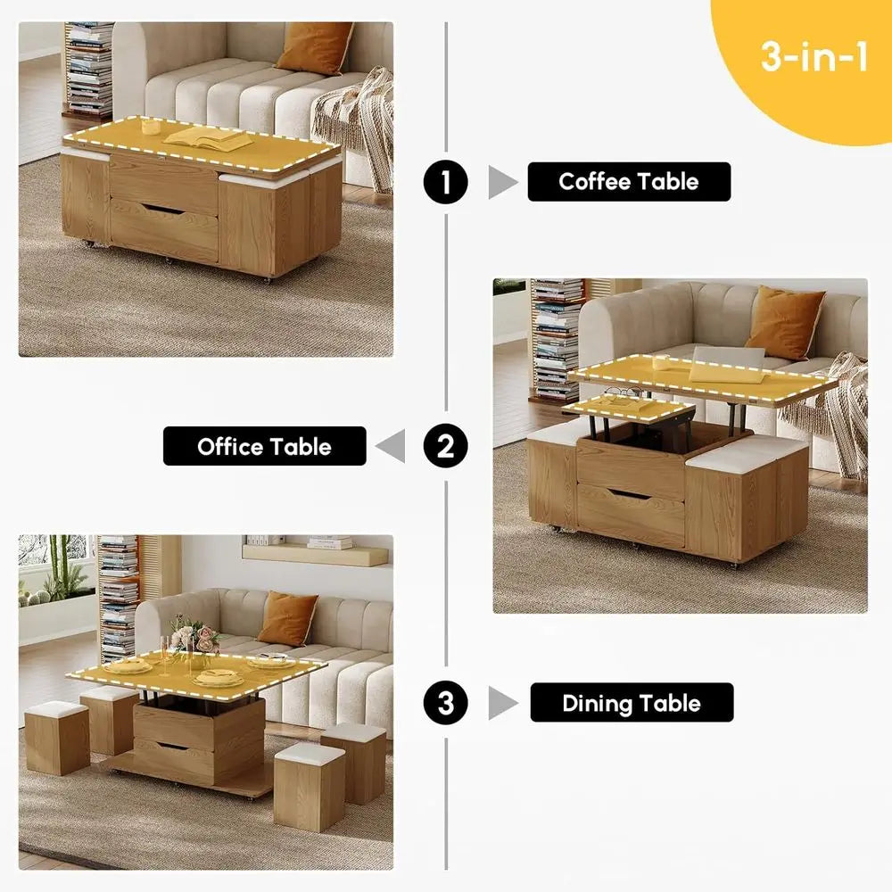 Natural Wood Coffee Table with Hidden Storage, 3-in-1 Multifunctional Center Table with 4 Stools and Wheels