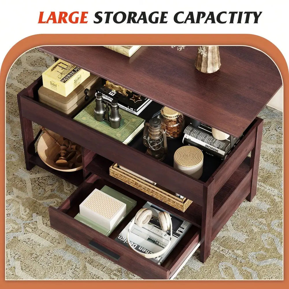 Table, 39 Lift Top Coffee Table With Hidden Compartment, Storage Drawers And Storage Shelf For Living Room, Reception Room, Esp