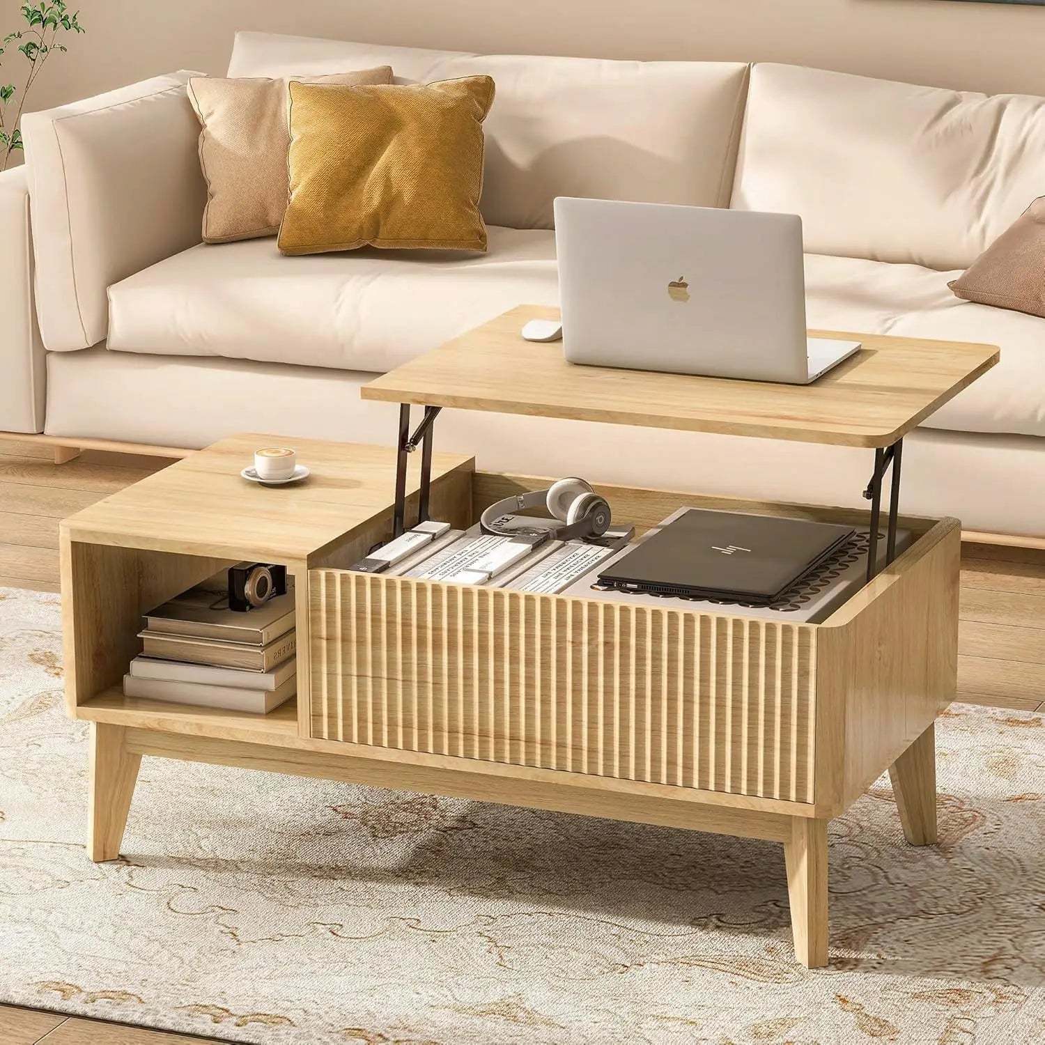 Fluted Lift Top Coffee Table with Storage, Modern Design for Living Room and Home Office