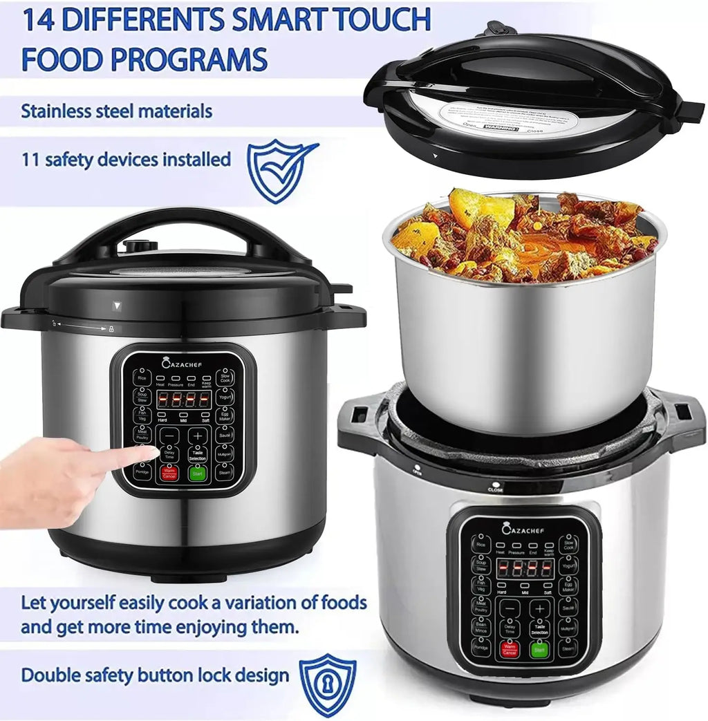 8qt Stainless Steel Pressure Cooker, 14-in-1 Electric Rice Cooker & Slow Cooker, LED Multifunction Steamer & Food Warmer