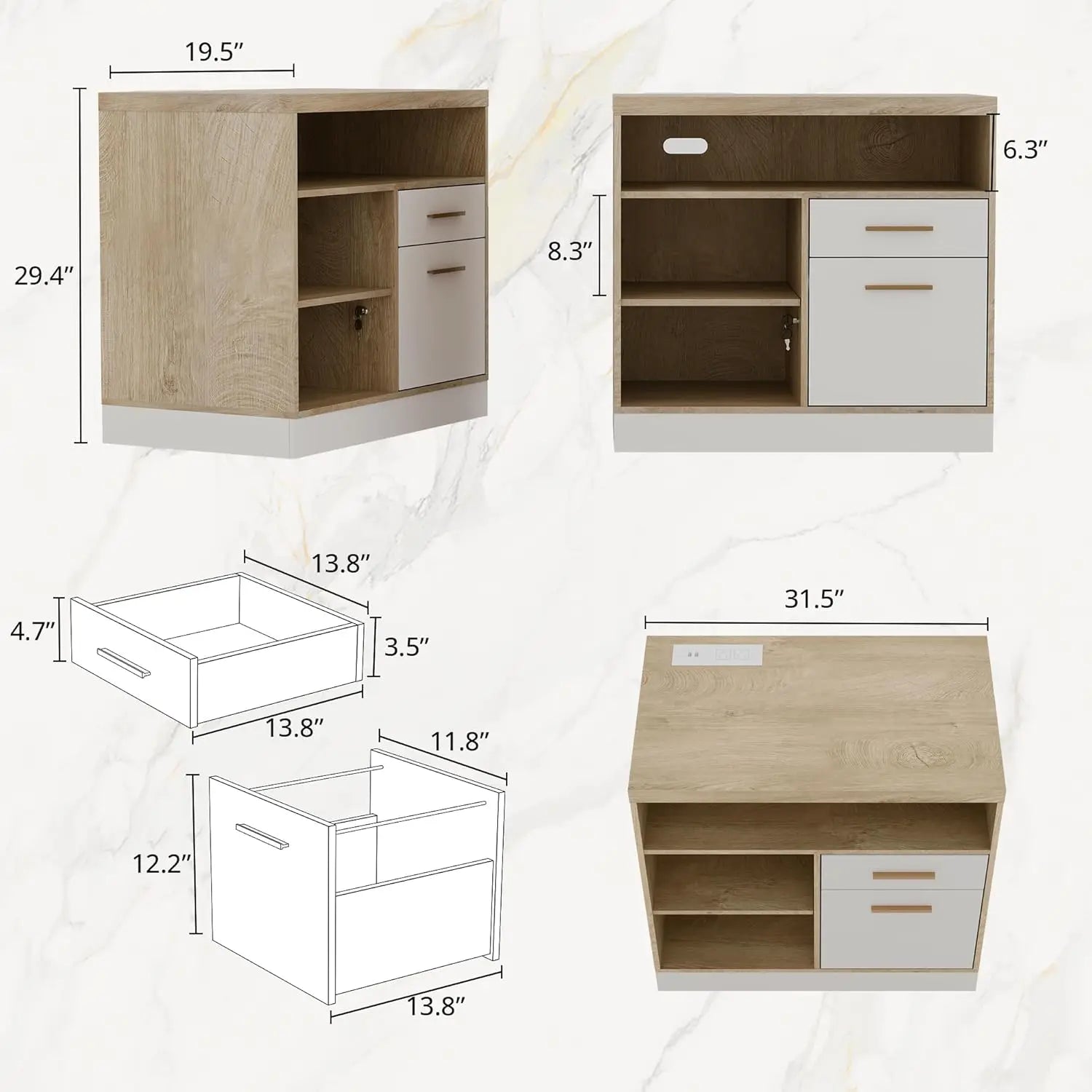 2 Drawer Wood File Cabinet, Filing Cabinet for Home Office with Lock, Power Outlets, Storage Shelves, Lateral File, Customized