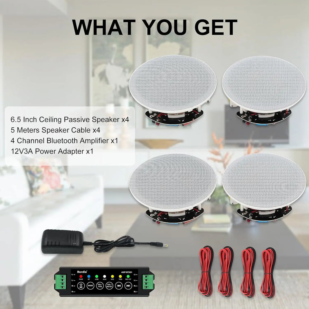 Herdio 6.5" 4 PCS 600 Watts Ceiling Bluetooth Speakers Perfect for Home Theater,Kitchen,Bedroom,Bathroom,Covered Patio