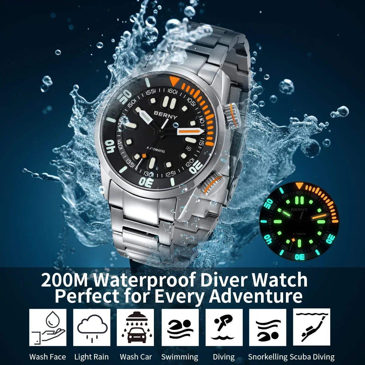 BERNY Automatic Dive Watch for Men Super Luminous Original Design 20ATM Diver Wristwatch Sapphire, Local Warehouse Fast Delivery