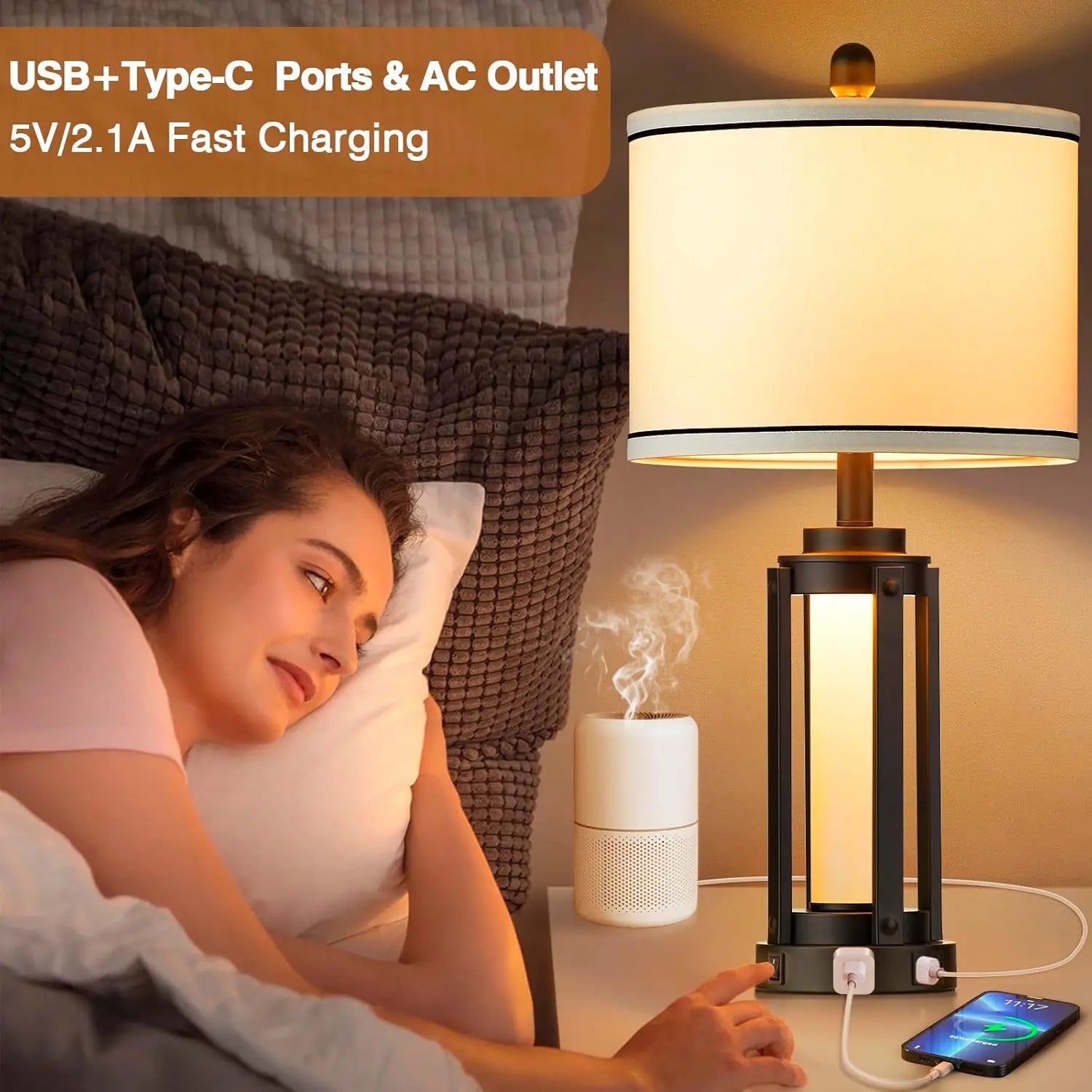 Set of 2 Modern Industrial Table Lamps with USB A+C Charging Ports, AC Outlet, and Night Light for Living Room Bedroom Decor