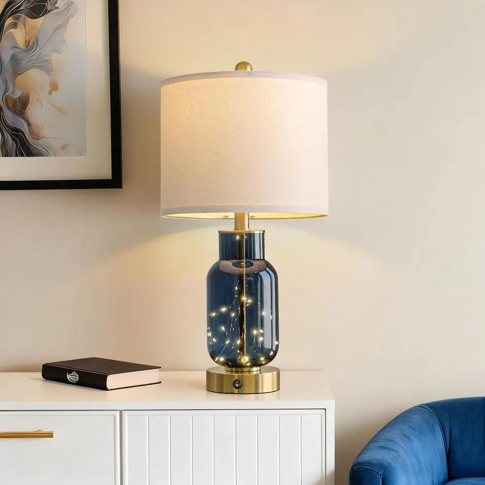 Set of 2 Blue Glass Table Lamps with LED Night Lights, USB Ports for Living Room, Bedroom, Study, and End Tables (2 Bulbs Includ
