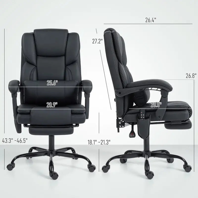 Office Chair with Massage, Pet-Friendly Faux Leather Reclining Desk Chair with Lumbar Support, Footrest, Black