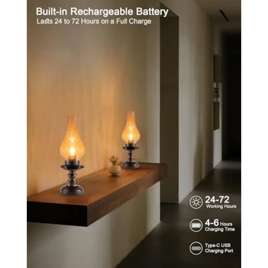 Vintage Rechargeable Cordless Table Lamp with Dimmer and Touch Control, Small Battery Powered Lights, Amber Hand-Blown Glass Re