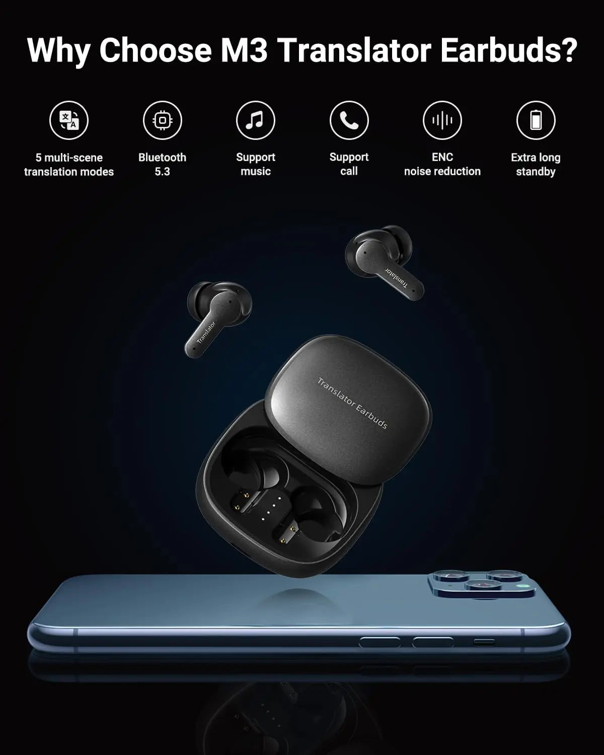 Real-Time AI Translation Earbuds, 144 Languages, 5 Modes for Travel Business Learning - Black