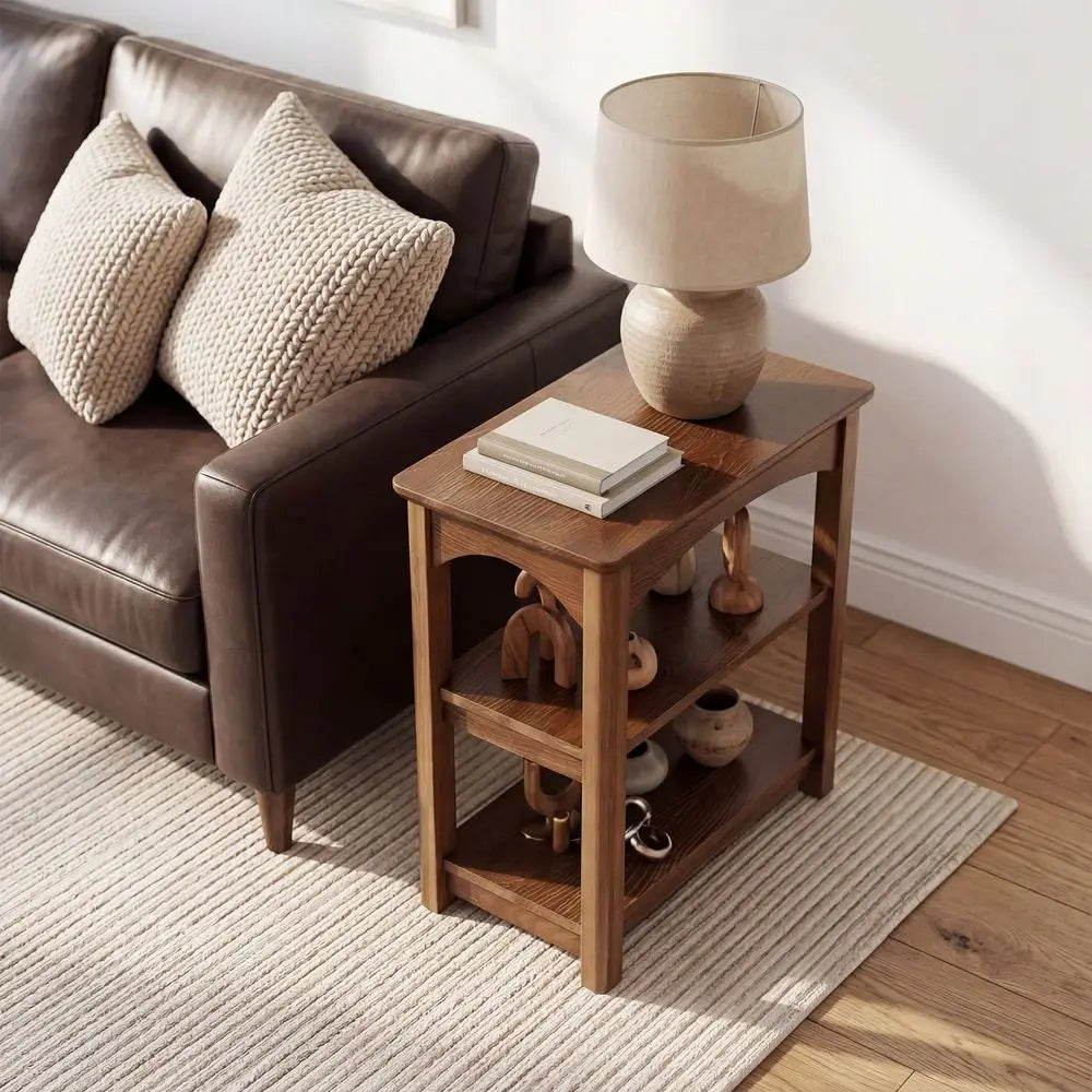 3Tier Solid Wood Accent Table, Narrow Side Table With Storage For Small Spaces, Slim End Table For Living Room Bedroom