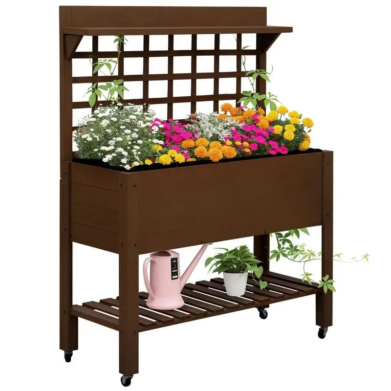 41" Raised Garden Bed Mobile Elevated Wooden Planter Box Stand with Wheels, Trellis and Storage Shelf, Dark Brown