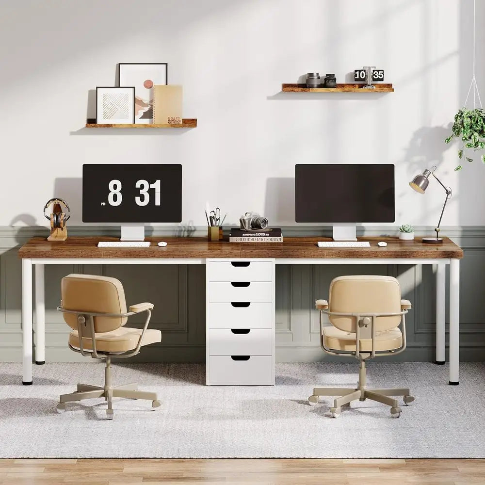5 Drawers, 78.7 Long Double Office Desk, Modern Simple Double Computer Desk Study Writing Table Workstation for Home Office (Bro