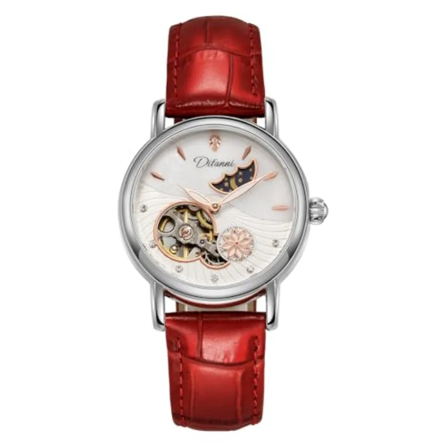 Womens Automatic Mechanical Stainless Steel Moonphase Watches Leather Strap Self-Winding Pearl Skeleton dial Waterproof Ladies