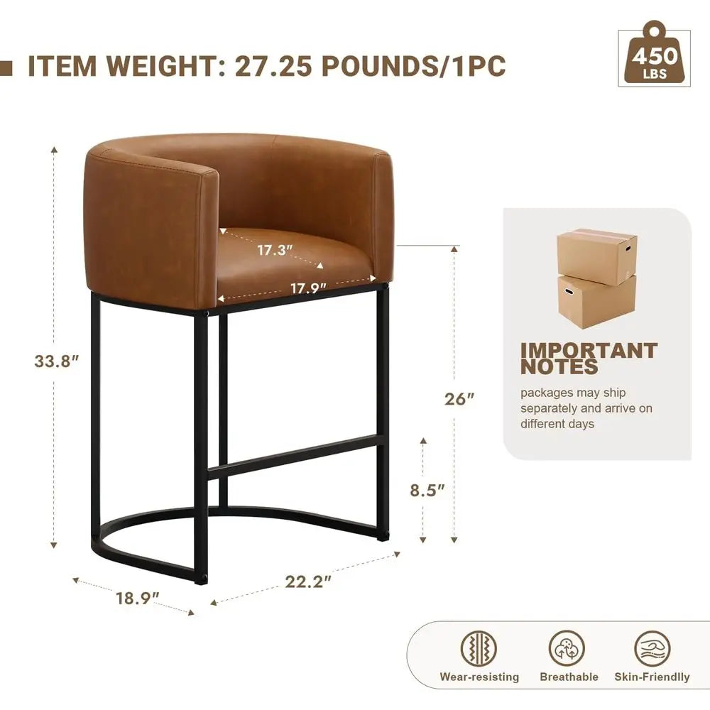 Set of 4 Counter Height Bar Stools with Backrest and Arms, Leather Upholstered, Walnut Brown